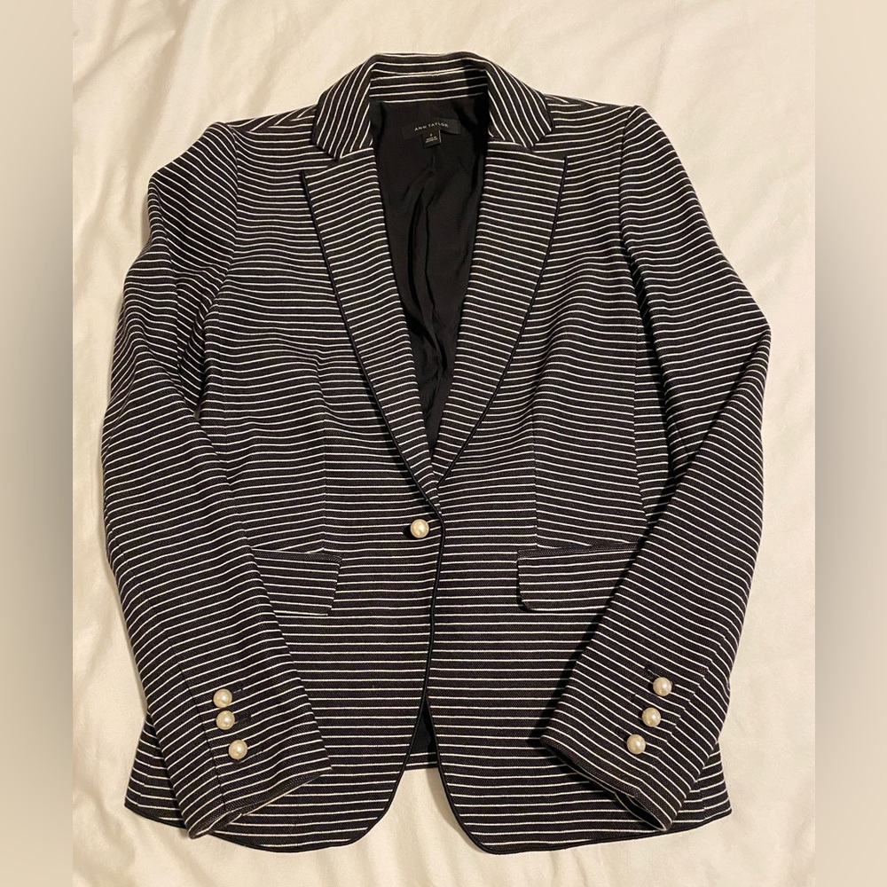 Ann Taylor Navy and White Striped Blazer with faux pearl details